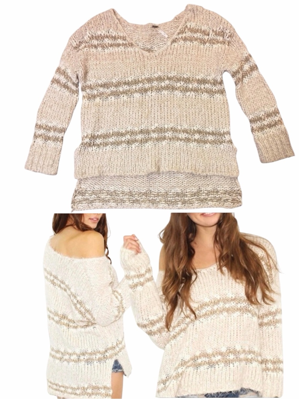 Free People Linus Chunky Knit Sweater Wool Blend‎ Cream Striped Small